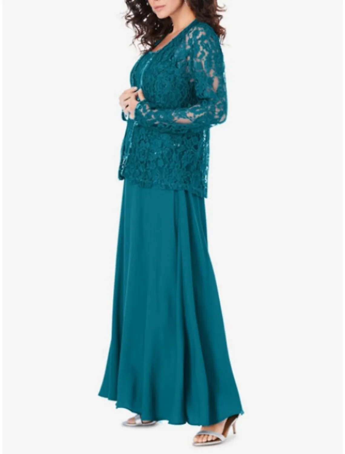 3 Piece Mother of the Bride Dress Wedding Guest Sparkle & Shine Vintage Bateau Neck Ankle Length Chiffon Lace Long Sleeve with Pleats Sequin