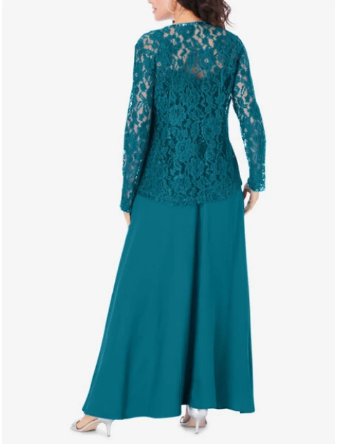 3 Piece Mother of the Bride Dress Wedding Guest Sparkle & Shine Vintage Bateau Neck Ankle Length Chiffon Lace Long Sleeve with Pleats Sequin