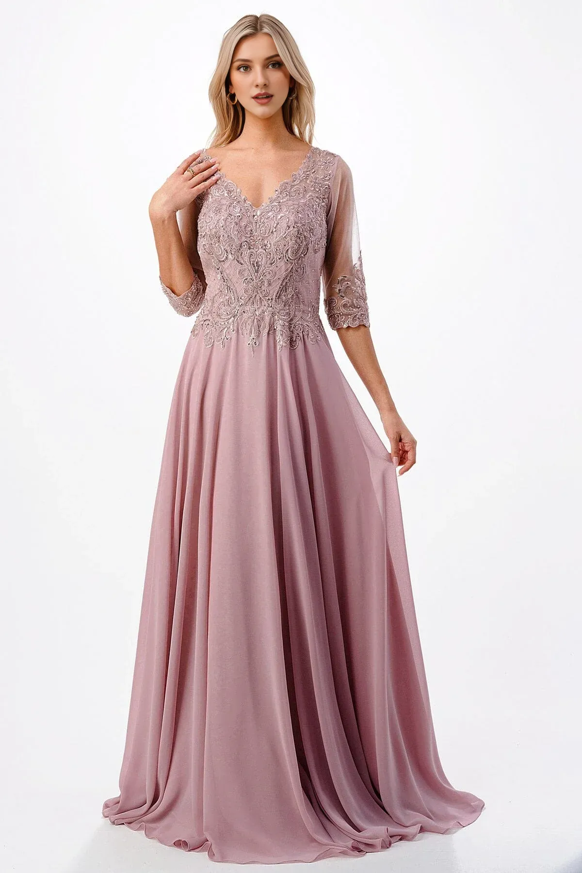 A-line chiffon bead embroidery 3/4 sleeve long dress for mother of the bride dress