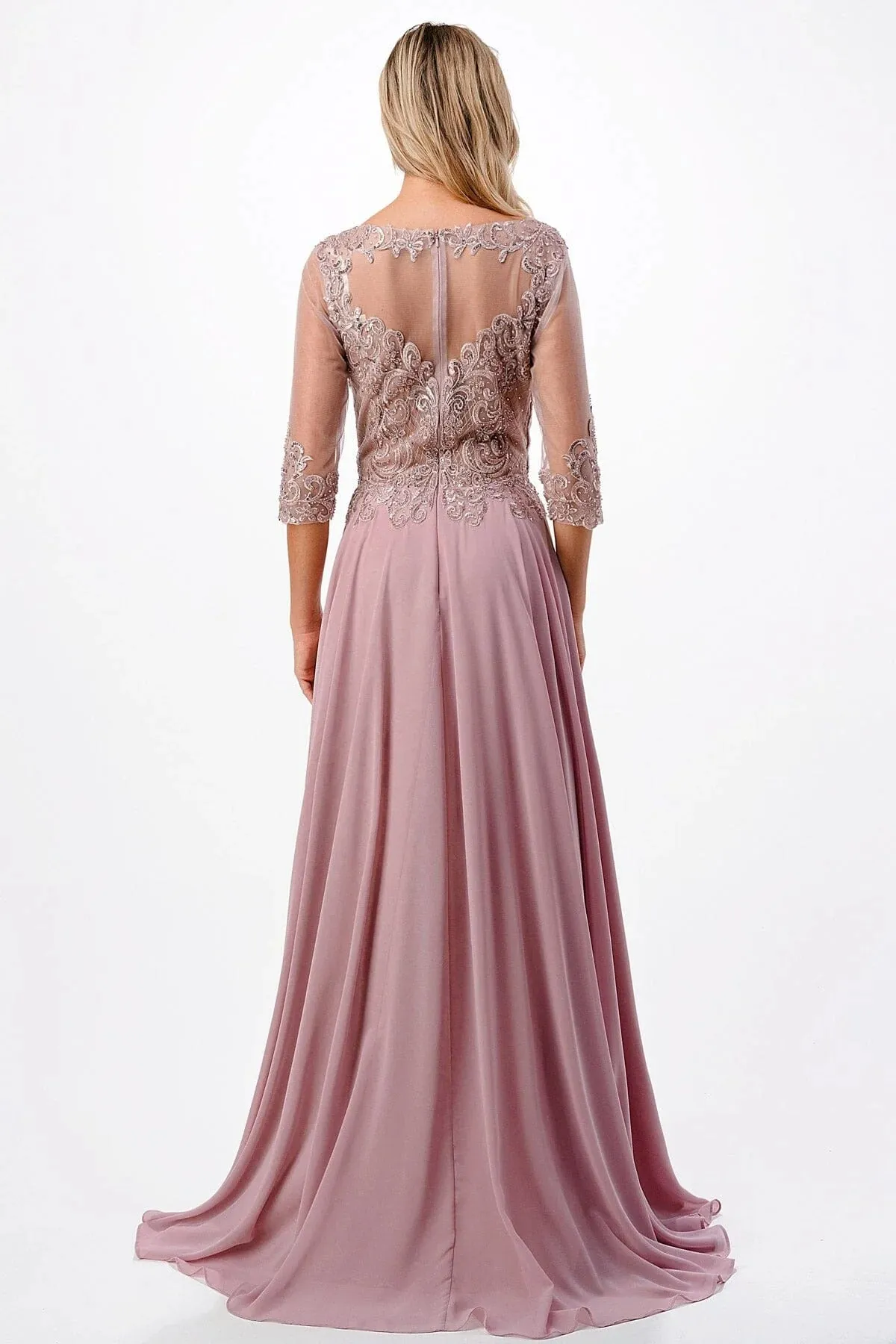 A-line chiffon bead embroidery 3/4 sleeve long dress for mother of the bride dress