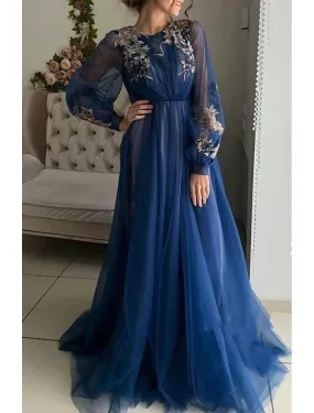 A-Line Evening Gown Floral Dress Wedding Guest Birthday Sweep / Brush Train Long Sleeve Jewel Neck Tulle with Embroidery