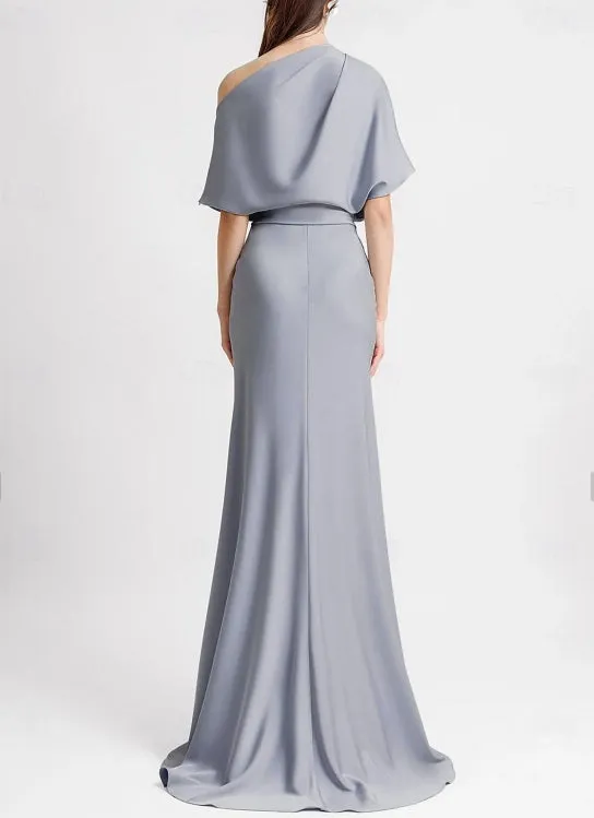 A-Line Evening Gown Wedding Guest Floor Length Sleeveless One Shoulder Satin with Pleats Butterfly