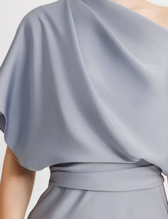 A-Line Evening Gown Wedding Guest Floor Length Sleeveless One Shoulder Satin with Pleats Butterfly