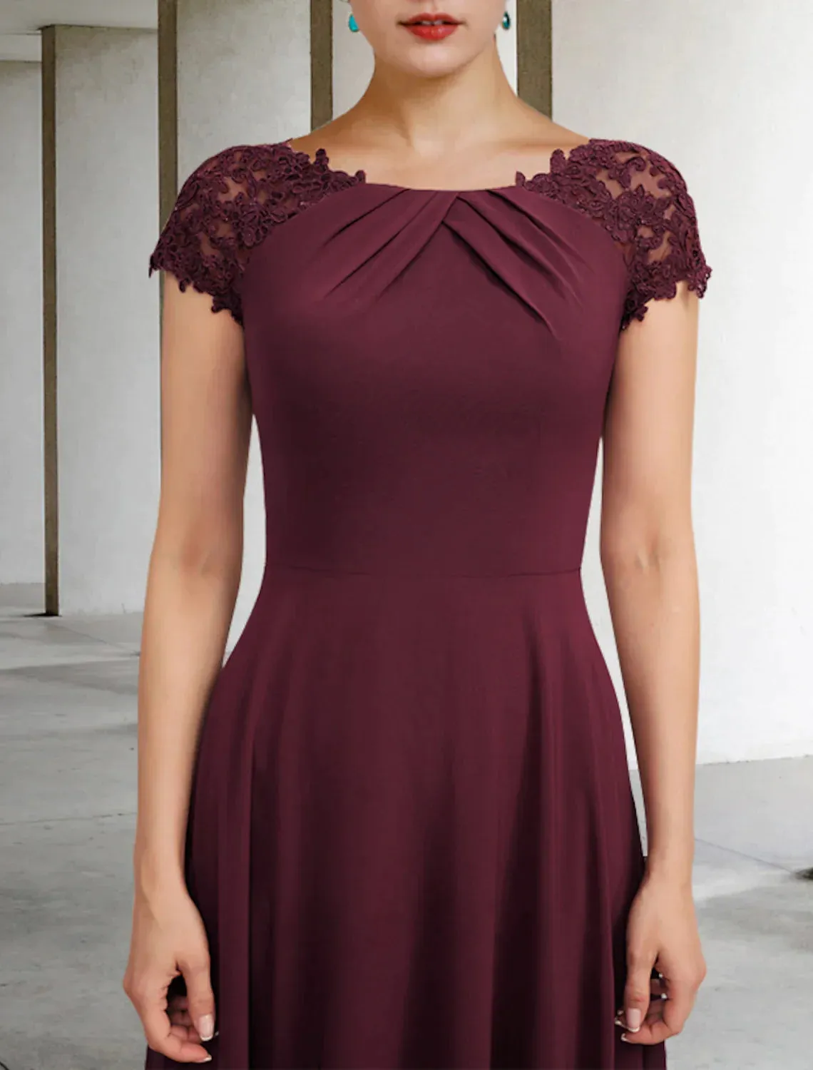 A-Line Mother of the Bride Dress Elegant Floor Length Chiffon Lace Short Sleeve Appliques Ruching