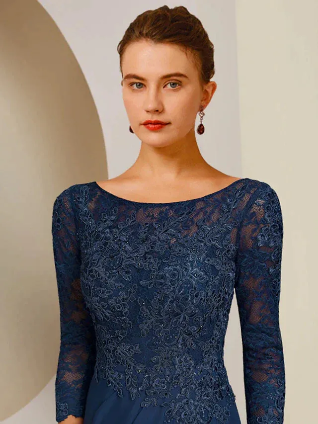 A-Line Mother of the Bride Dress Elegant Scoop Neck Floor Length Chiffon Lace 3/4 Length Sleeve with Appliques Split Front