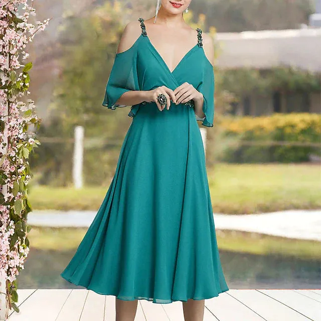 A-Line Mother of the Bride Dress Elegant Sweet V Neck Tea Length Chiffon Sleeveless with Sash / Ribbon Beading