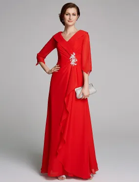 A-Line Mother of the Bride Dress Elegant V Neck Floor Length Chiffon Half Sleeve with Pleats Appliques