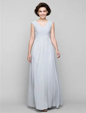 A-Line Mother of the Bride Dress Elegant V Neck Floor Length Chiffon Sleeveless with Criss Cross Beading