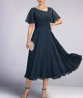 A-Line Mother of the Bride Dress Elegant V Neck Tea Length Chiffon 3/4 Length Sleeve
