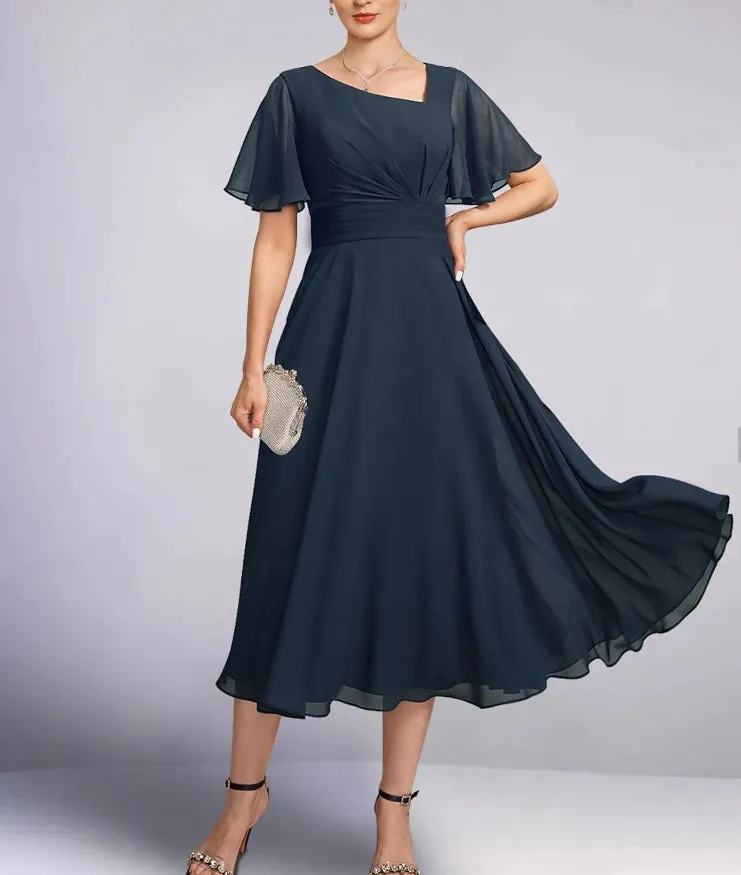 A-Line Mother of the Bride Dress Elegant V Neck Tea Length Chiffon 3/4 Length Sleeve