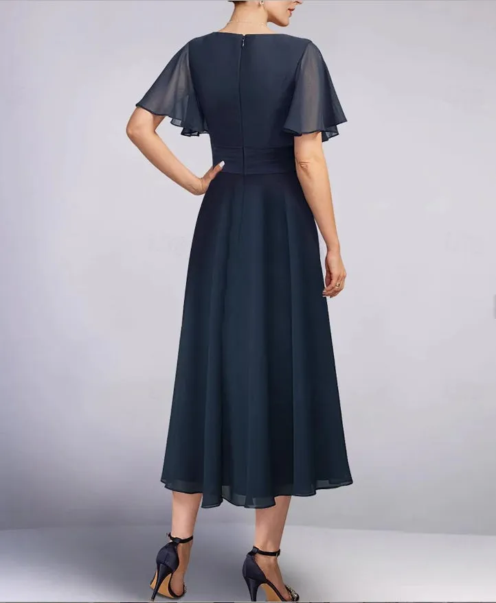 A-Line Mother of the Bride Dress Elegant V Neck Tea Length Chiffon 3/4 Length Sleeve