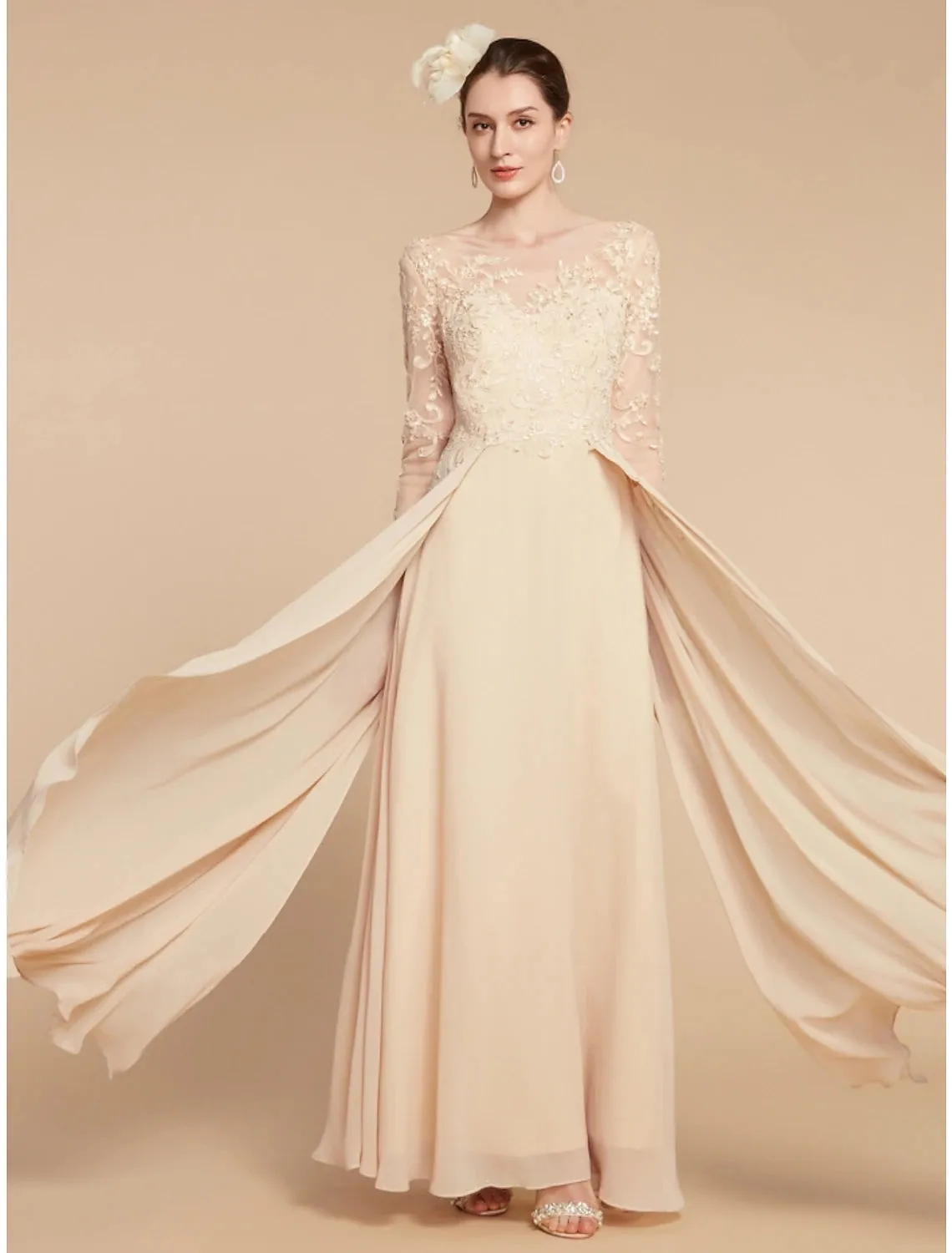 A-Line Mother of the Bride Dress Wedding Guest Elegant Jewel Neck Ankle Length Chiffon Lace Long Sleeve with Ruching Solid Color