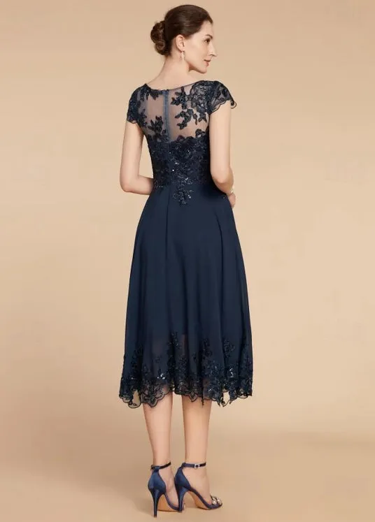 A-Line Mother of the Bride Dress Wedding Guest Elegant Scoop Neck Tea Length Chiffon Lace Cap Sleeve with Sequin