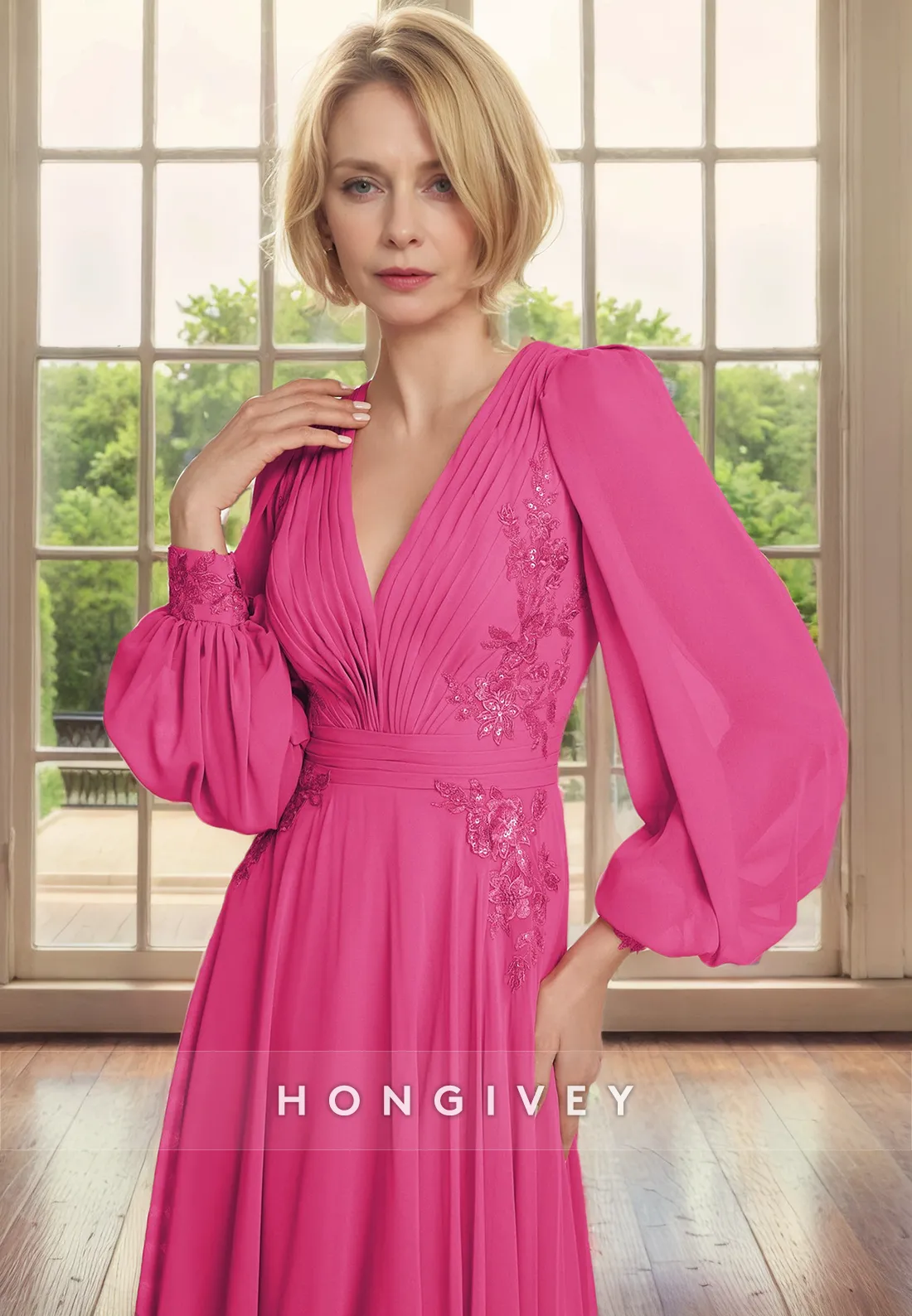 A-Line V-Neck Long Sleeve Appliques Chiffon Mother of the Bride Dress