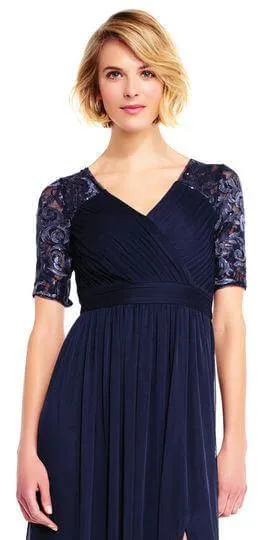 Adrianna Papell Elegant Ruched Pleated Short Sleeve Embellished Jersey Mesh Dress