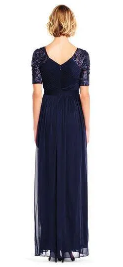 Adrianna Papell Elegant Ruched Pleated Short Sleeve Embellished Jersey Mesh Dress