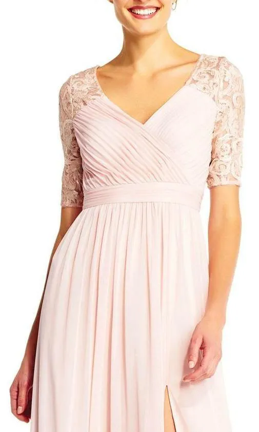 Adrianna Papell Elegant Ruched Pleated Short Sleeve Embellished Jersey Mesh Dress