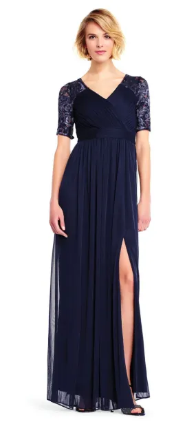 Adrianna Papell Elegant Ruched Pleated Short Sleeve Embellished Jersey Mesh Dress