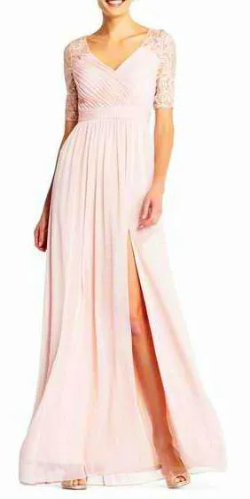 Adrianna Papell Elegant Ruched Pleated Short Sleeve Embellished Jersey Mesh Dress