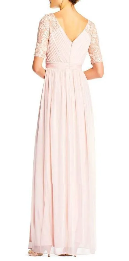 Adrianna Papell Elegant Ruched Pleated Short Sleeve Embellished Jersey Mesh Dress