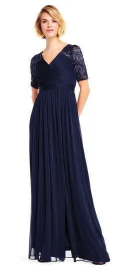 Adrianna Papell Elegant Ruched Pleated Short Sleeve Embellished Jersey Mesh Dress