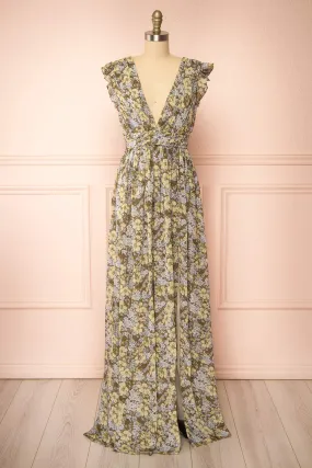 Elegant Floral Chiffon Maxi Dress with Plunging Neckline by Alinia – Perfect for Special Occasions