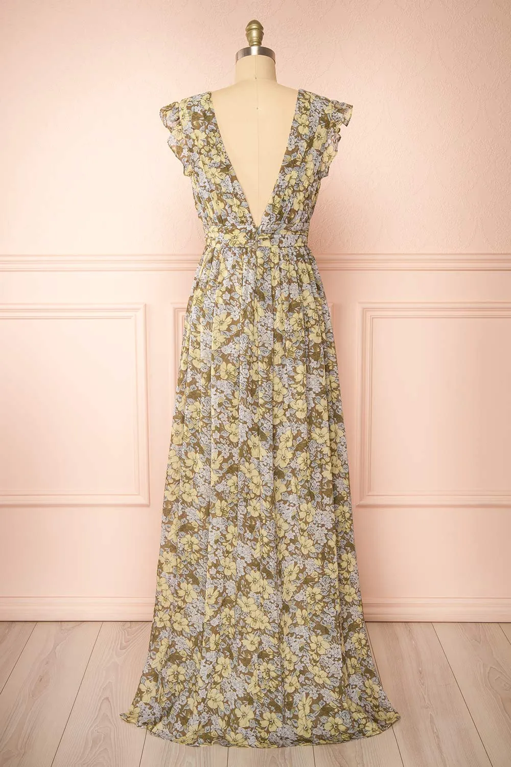 Elegant Floral Chiffon Maxi Dress with Plunging Neckline by Alinia – Perfect for Special Occasions