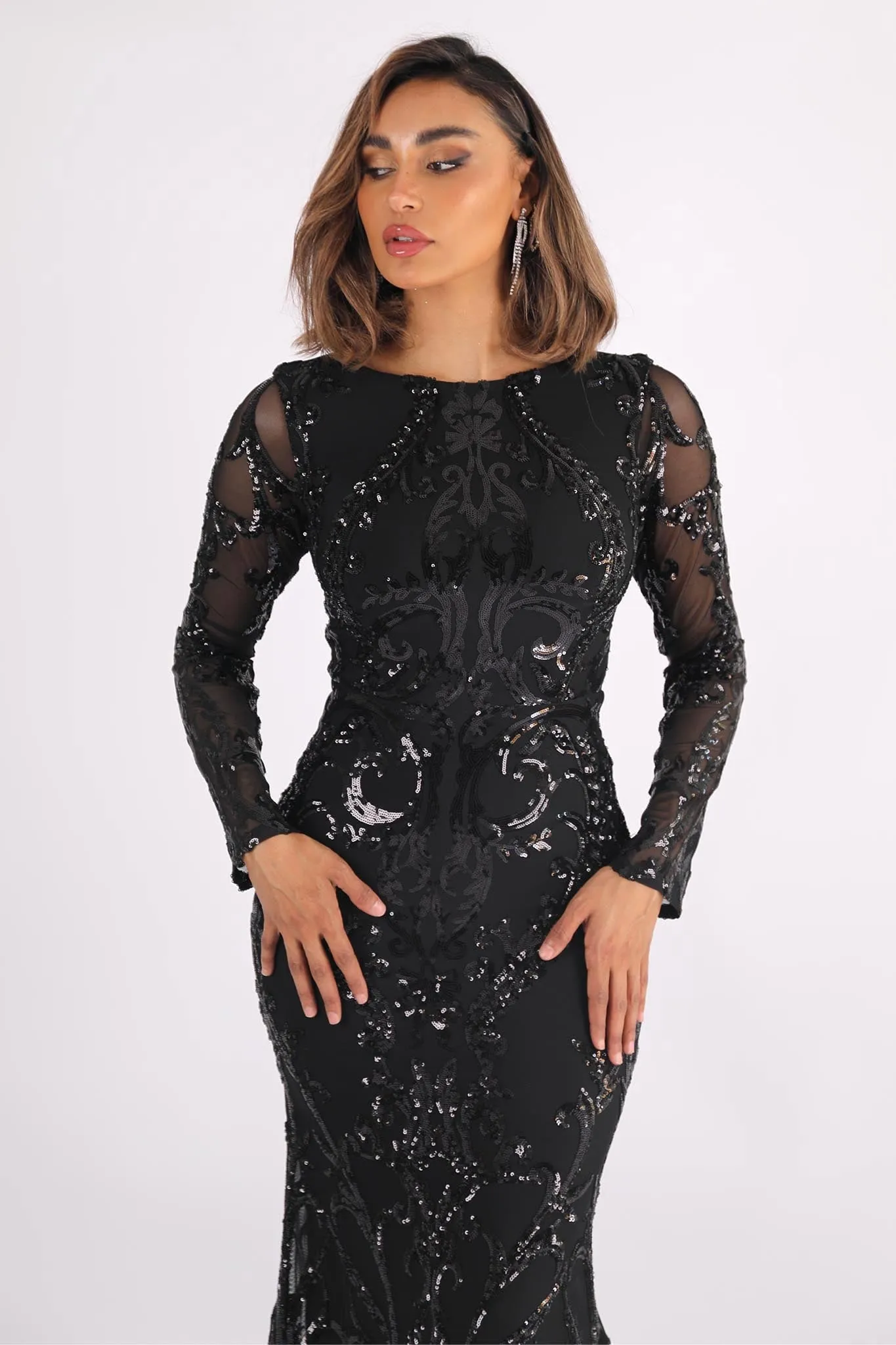 AMANI Long Sleeve Sequin Gown - Black