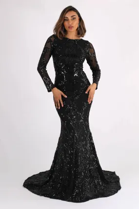 AMANI Long Sleeve Sequin Gown - Black