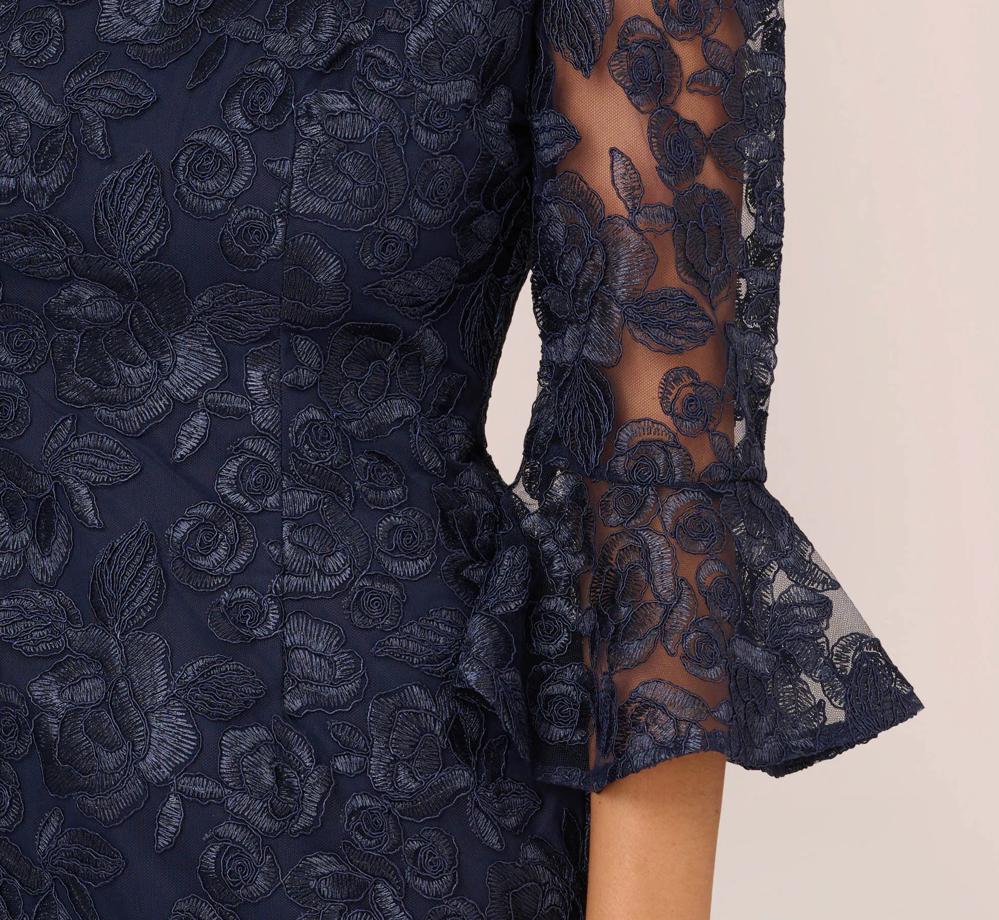 Bell Sleeve Rose Embroidered Sheath Dress In Midnight