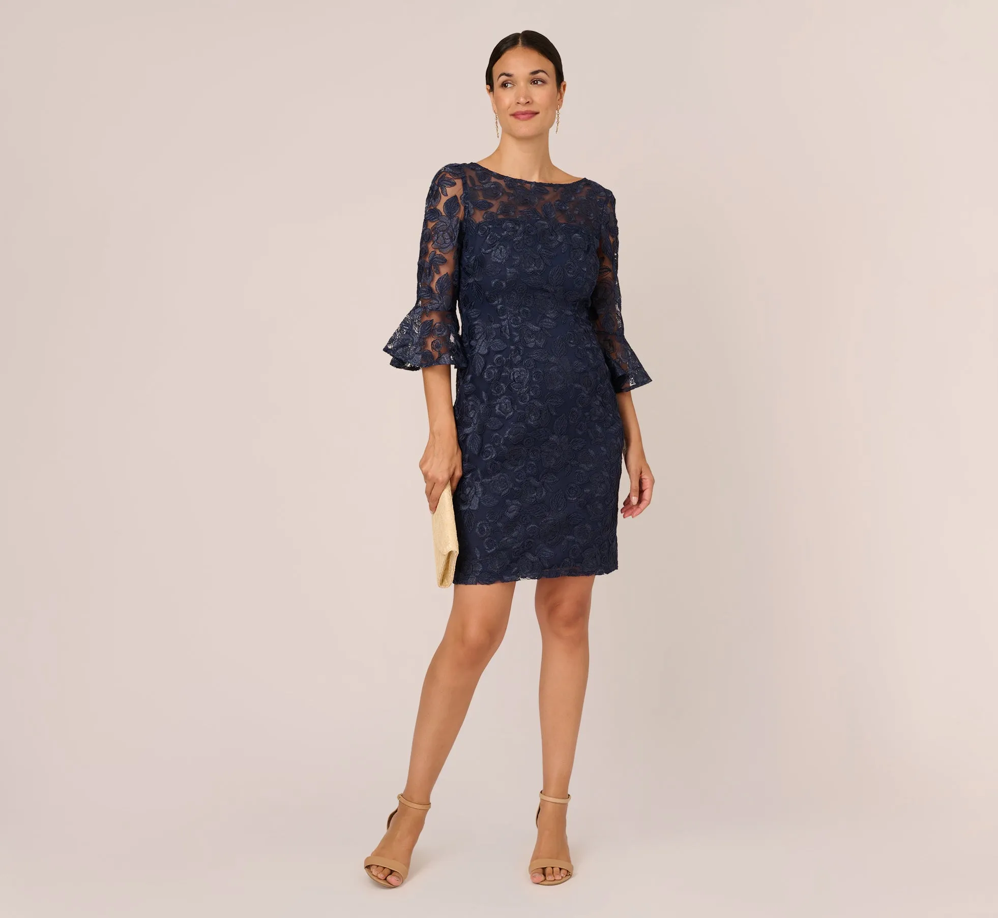 Bell Sleeve Rose Embroidered Sheath Dress In Midnight