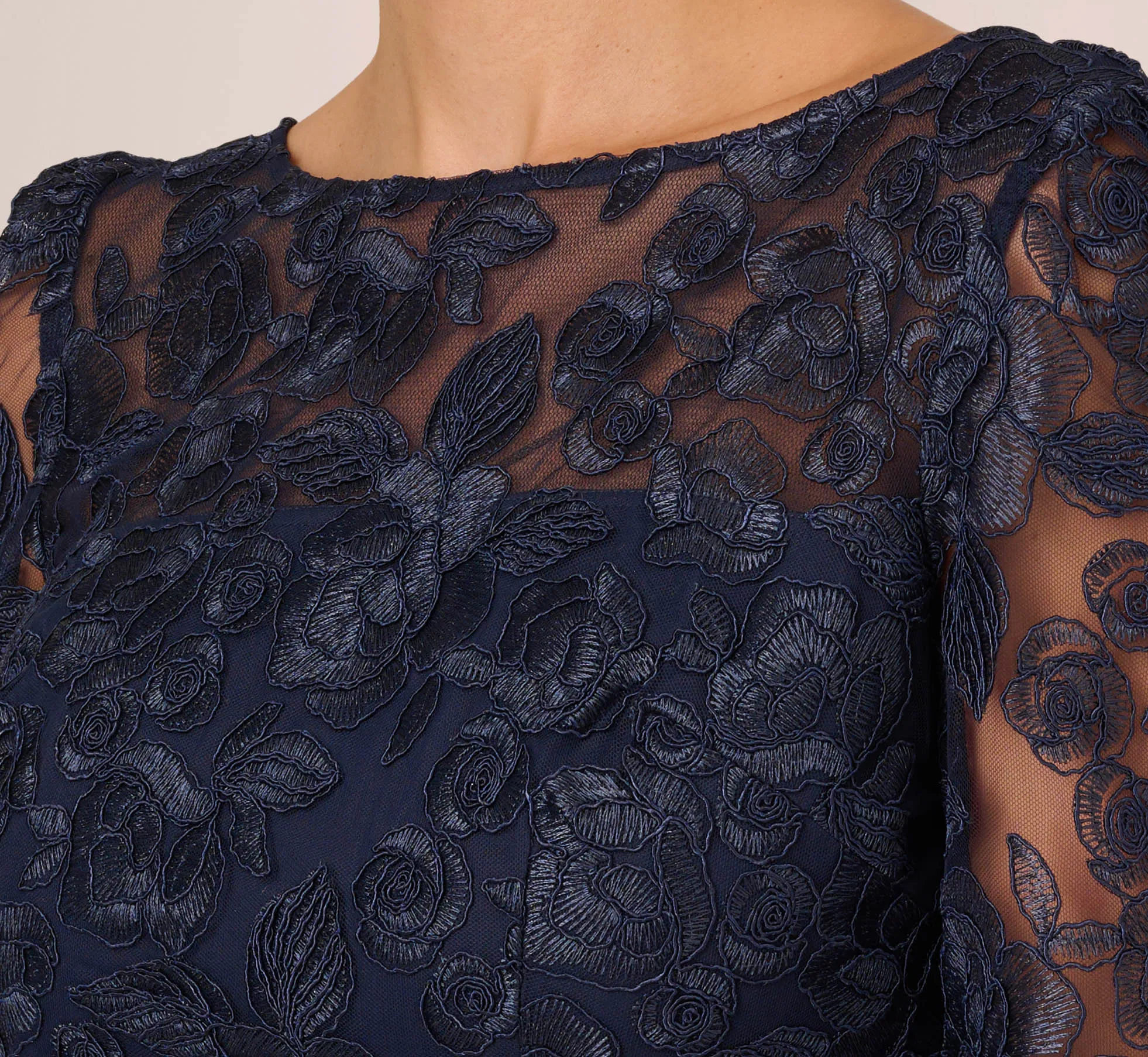 Bell Sleeve Rose Embroidered Sheath Dress In Midnight