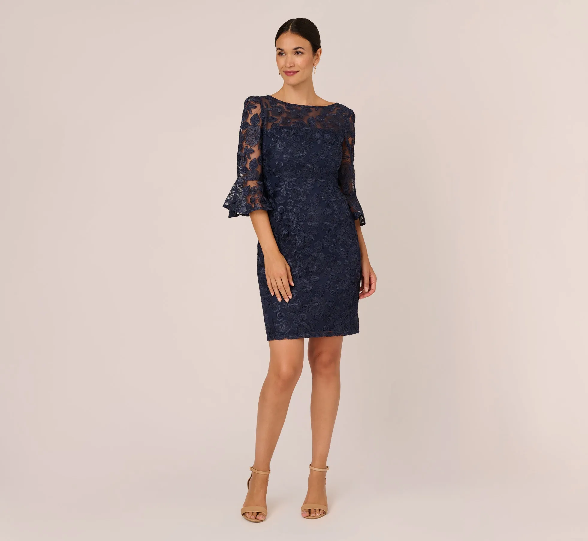 Bell Sleeve Rose Embroidered Sheath Dress In Midnight