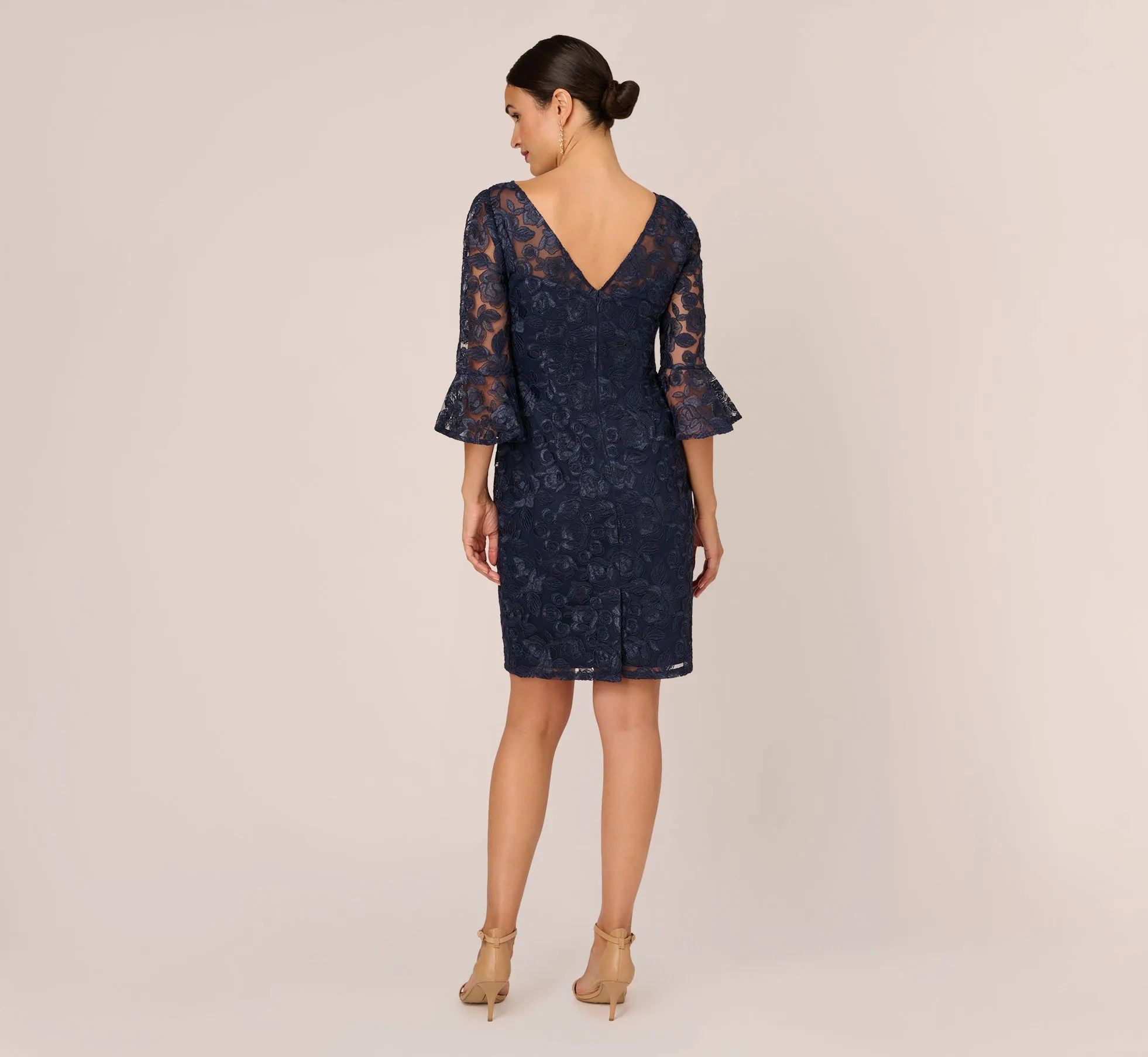 Bell Sleeve Rose Embroidered Sheath Dress In Midnight