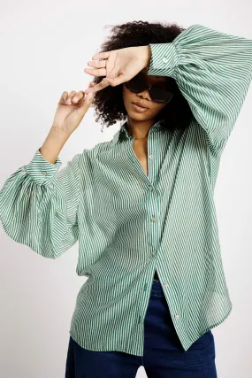 Bellow Sleeve Blouse with Detachable Bow in Green and Milk Stripe