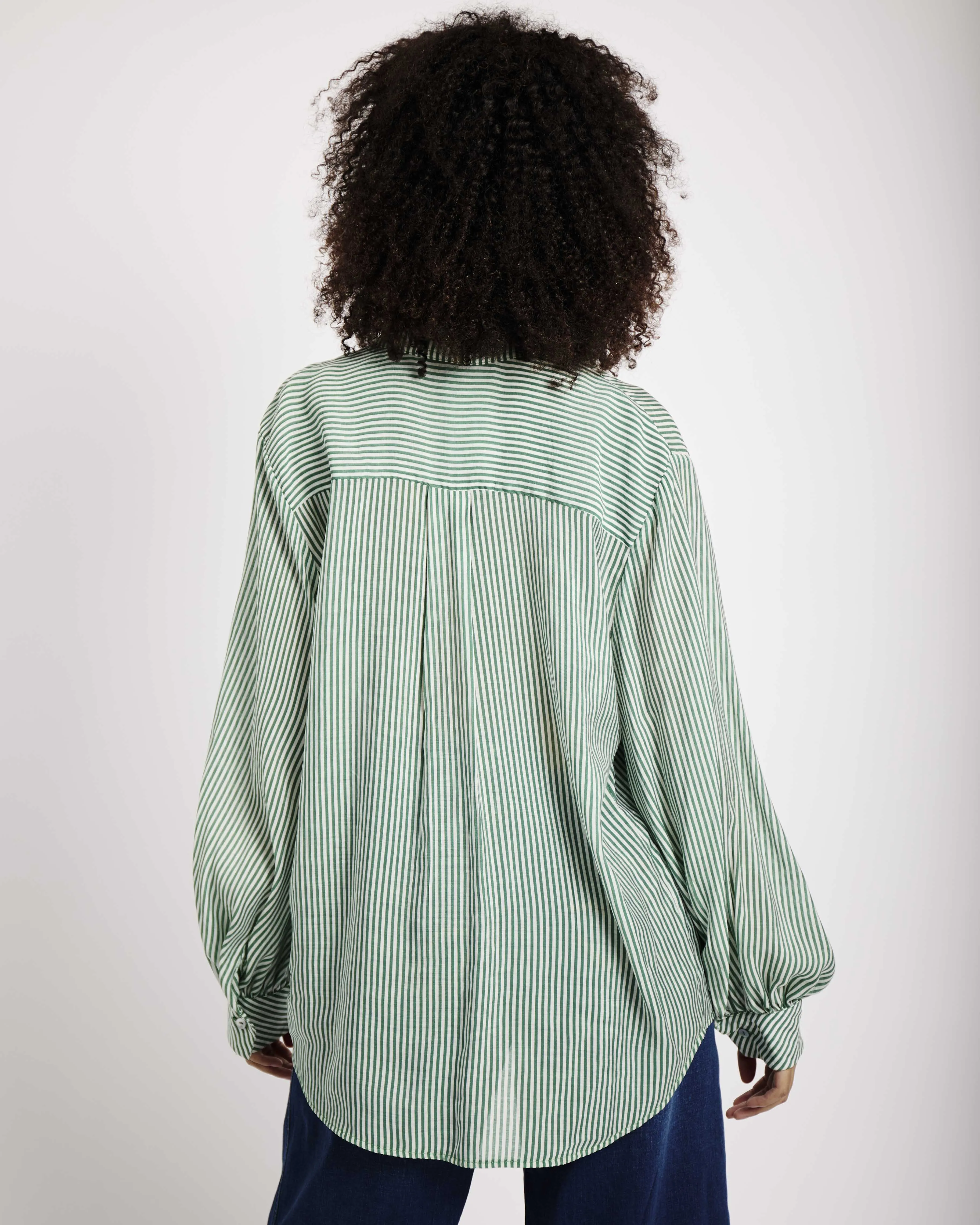 Bellow Sleeve Blouse with Detachable Bow in Green and Milk Stripe