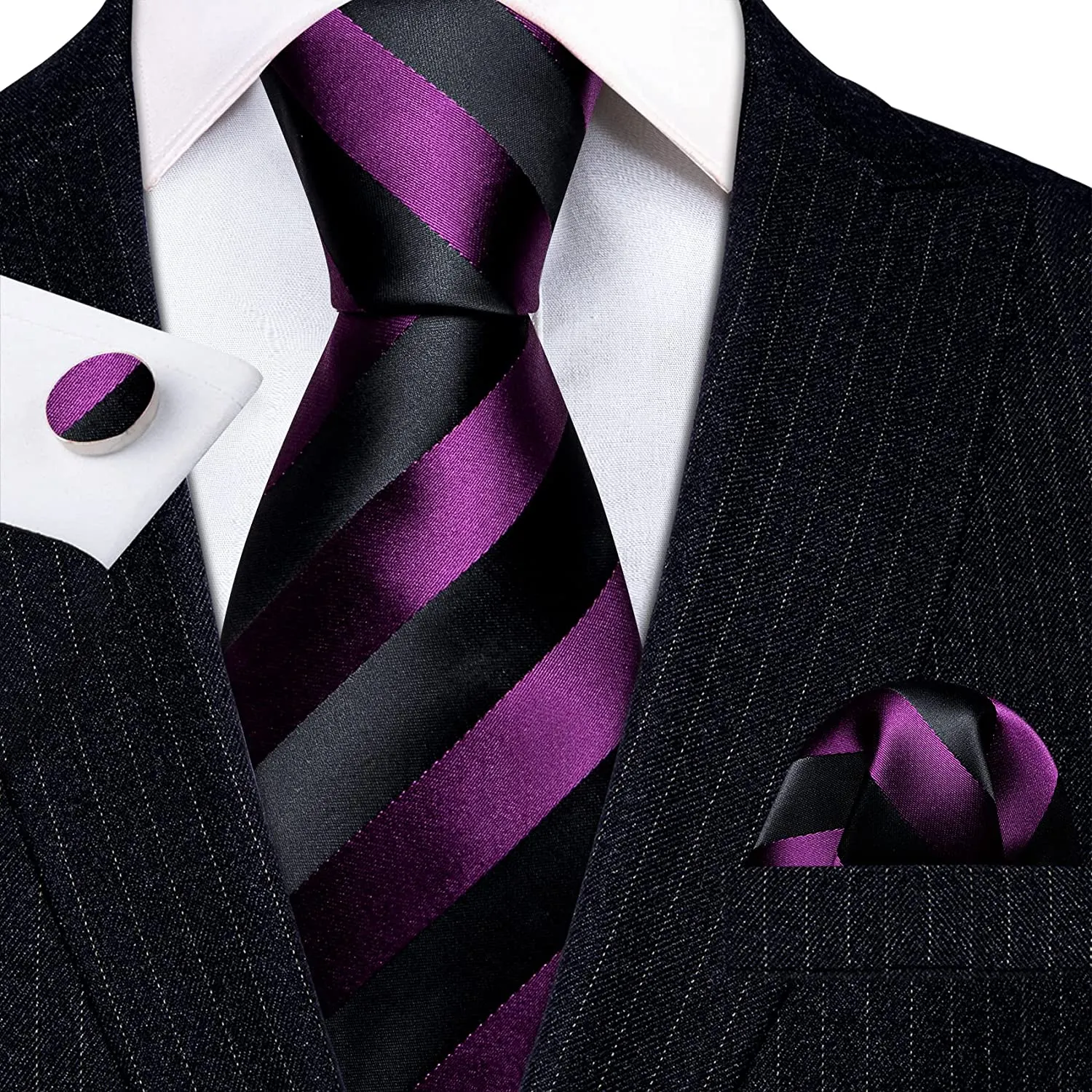 Black and Purple Striped Silk Necktie Set-LBW1249