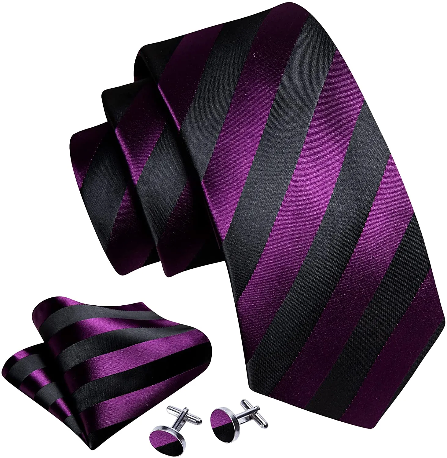 Black and Purple Striped Silk Necktie Set-LBW1249