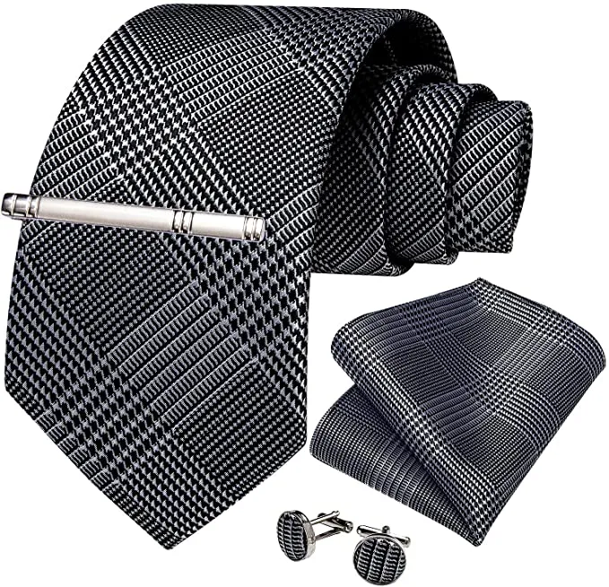 Black and Silver Houndstooth Necktie Set-DBG760
