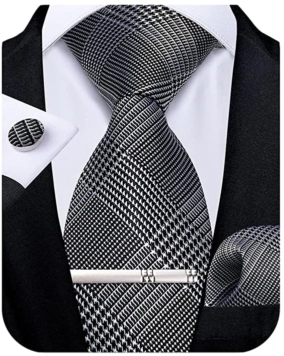 Black and Silver Houndstooth Necktie Set-DBG760