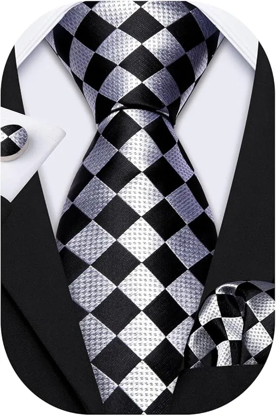 Black and Silver Silk Necktie Set-LBW1500