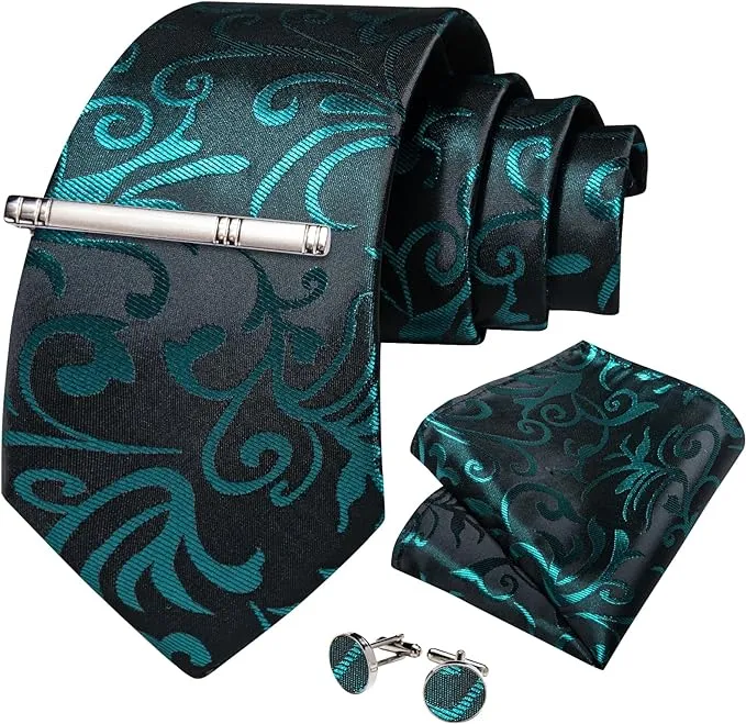 Black and Teal Silk Necktie Set-DBG1403