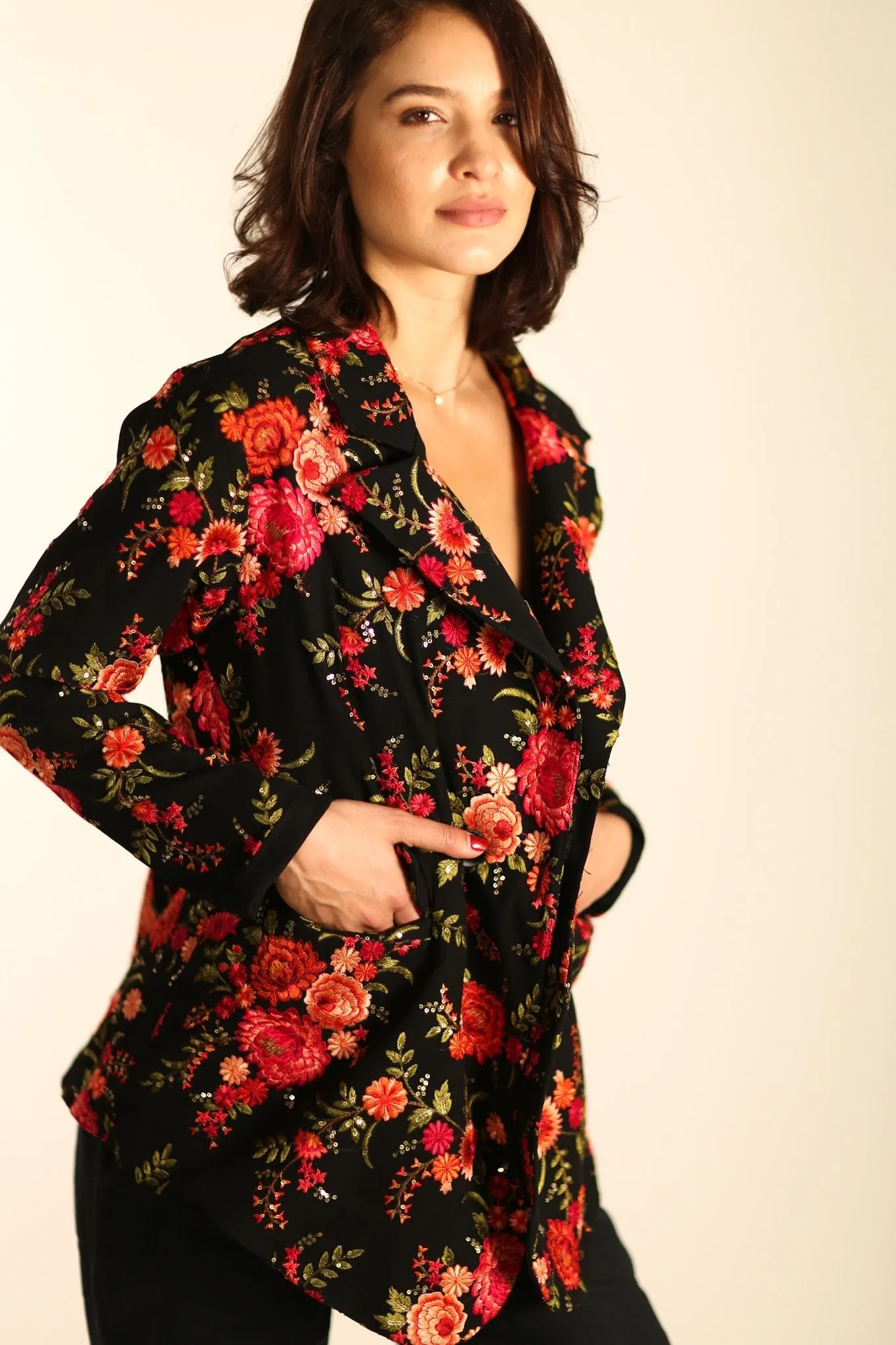 Black Rose Embroidered Novelty Blazer Jacket for Women