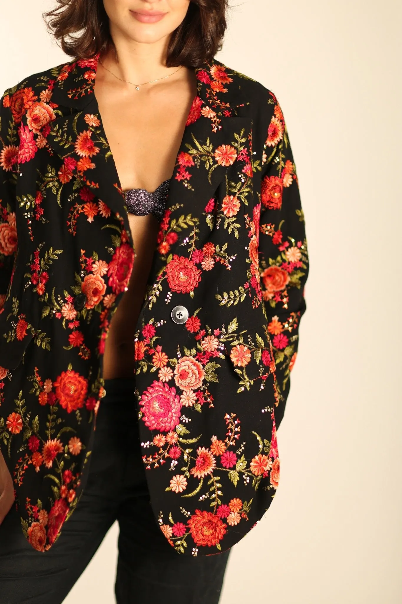 Black Rose Embroidered Novelty Blazer Jacket for Women