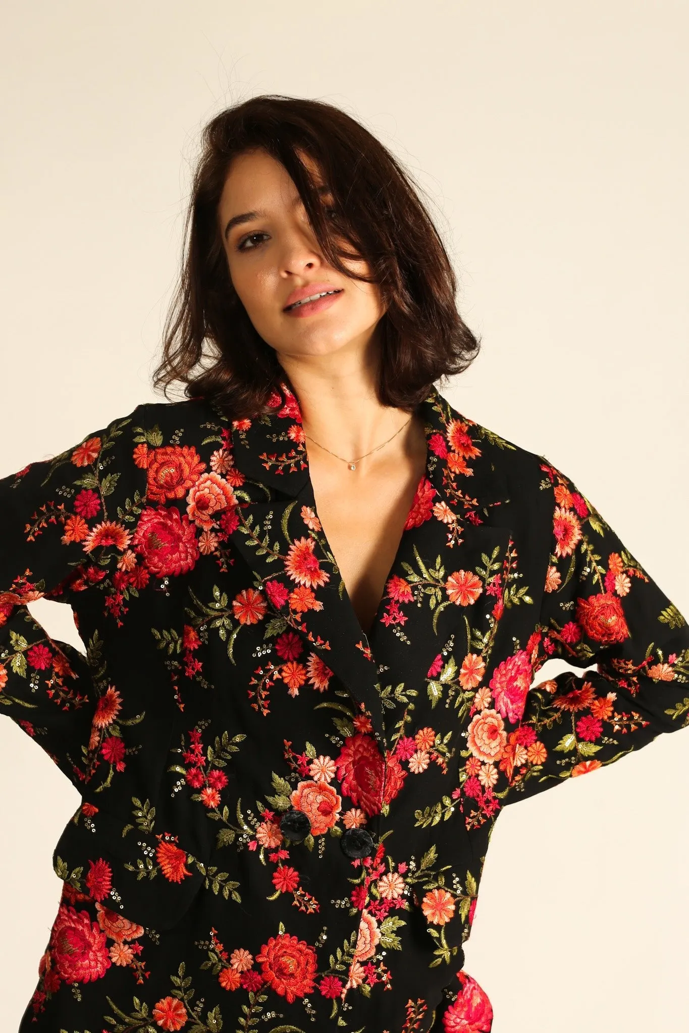 Black Rose Embroidered Novelty Blazer Jacket for Women