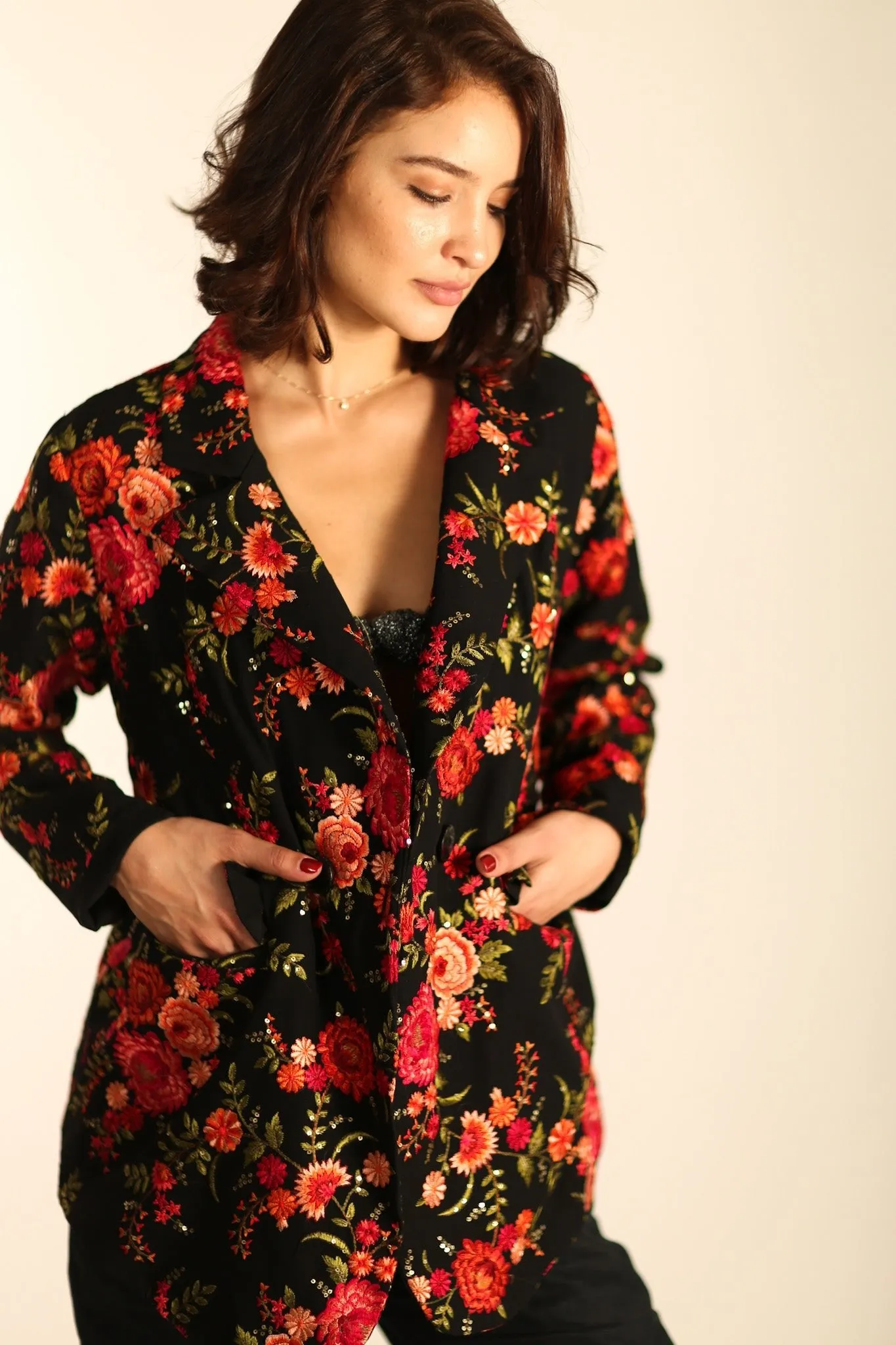 Black Rose Embroidered Novelty Blazer Jacket for Women