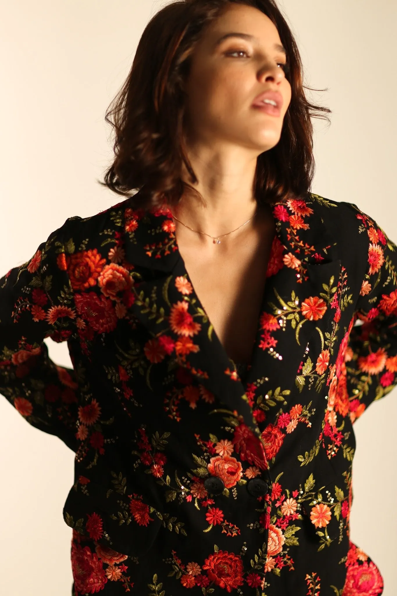 Black Rose Embroidered Novelty Blazer Jacket for Women