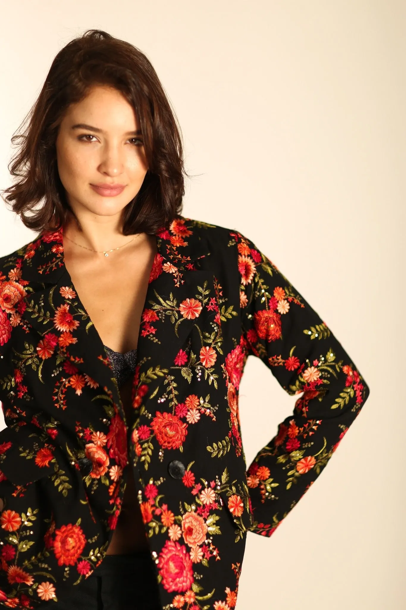 Black Rose Embroidered Novelty Blazer Jacket for Women