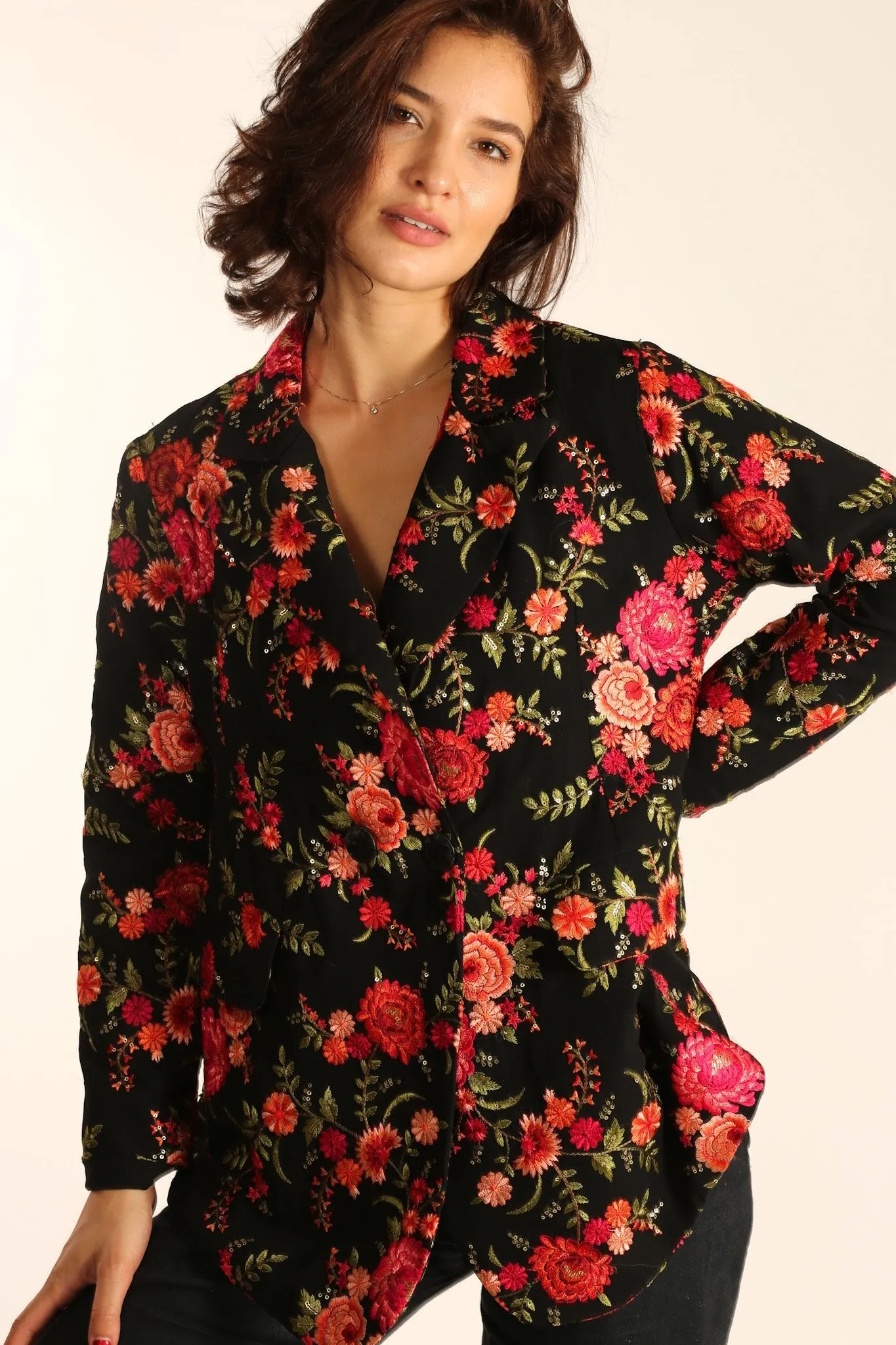 Black Rose Embroidered Novelty Blazer Jacket for Women