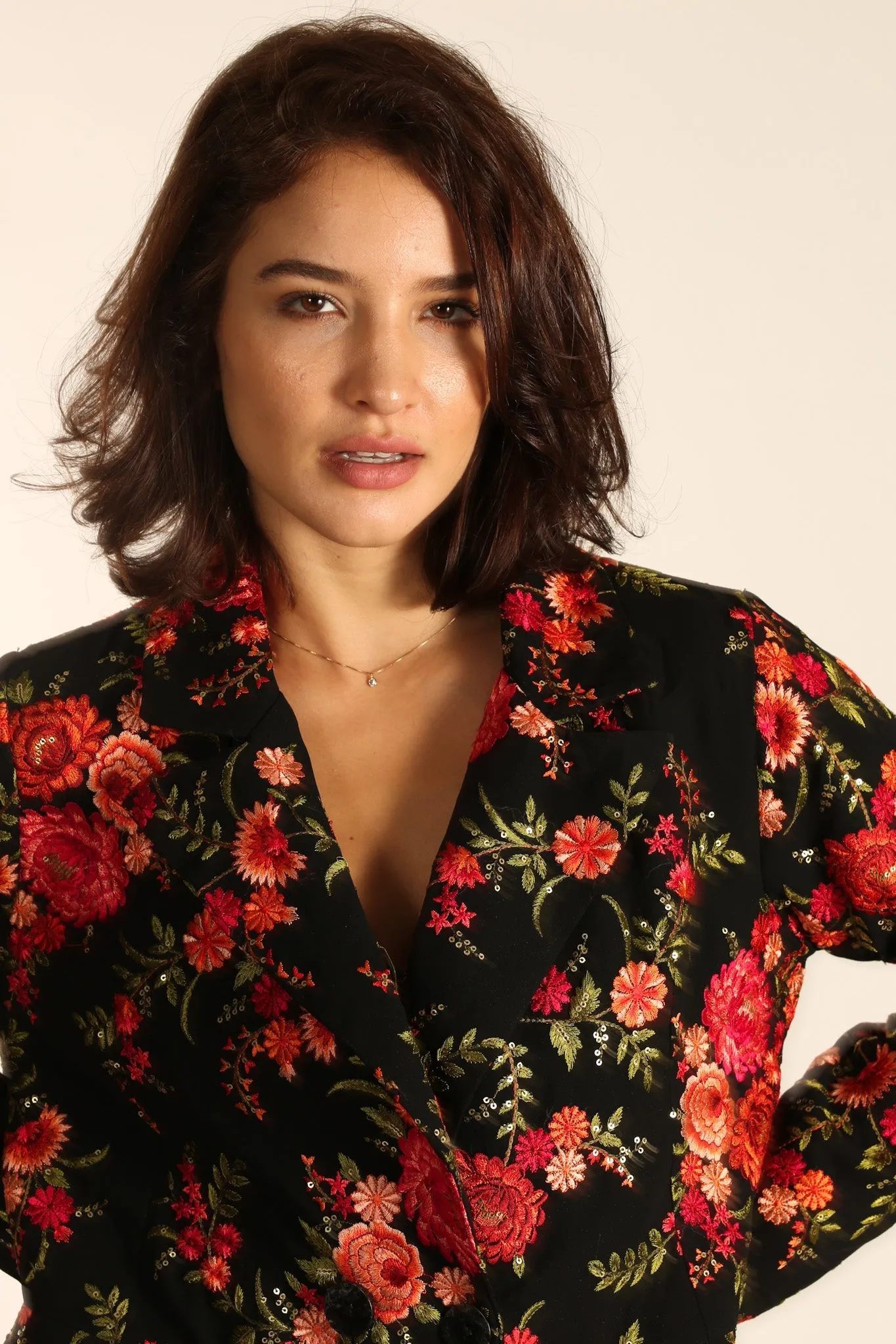 Black Rose Embroidered Novelty Blazer Jacket for Women